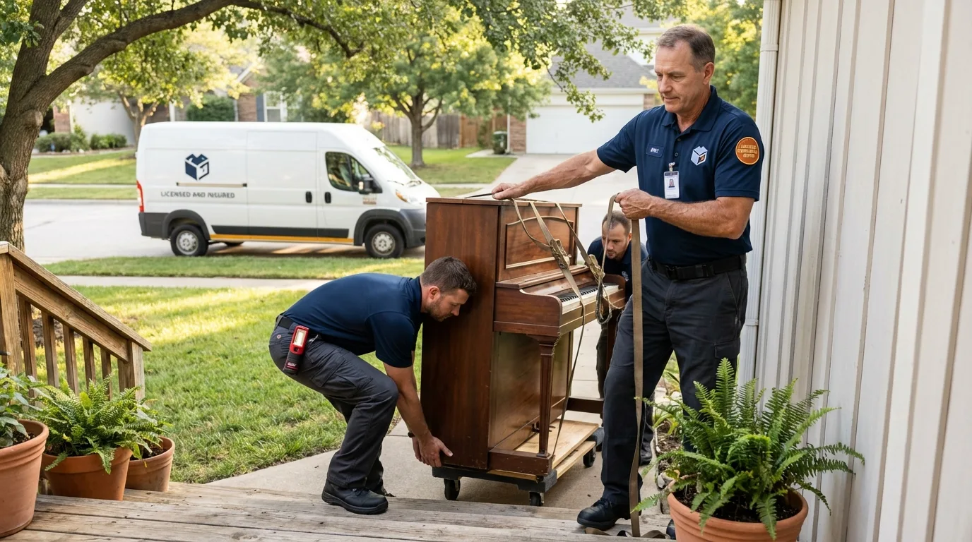 Licensed piano movers securing grand piano in Shinnston, WV