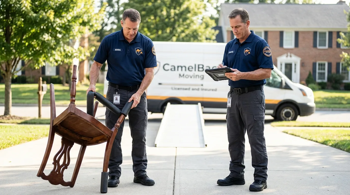 Movers inspecting furniture for damage prevention before loading in Shinnston, WV
