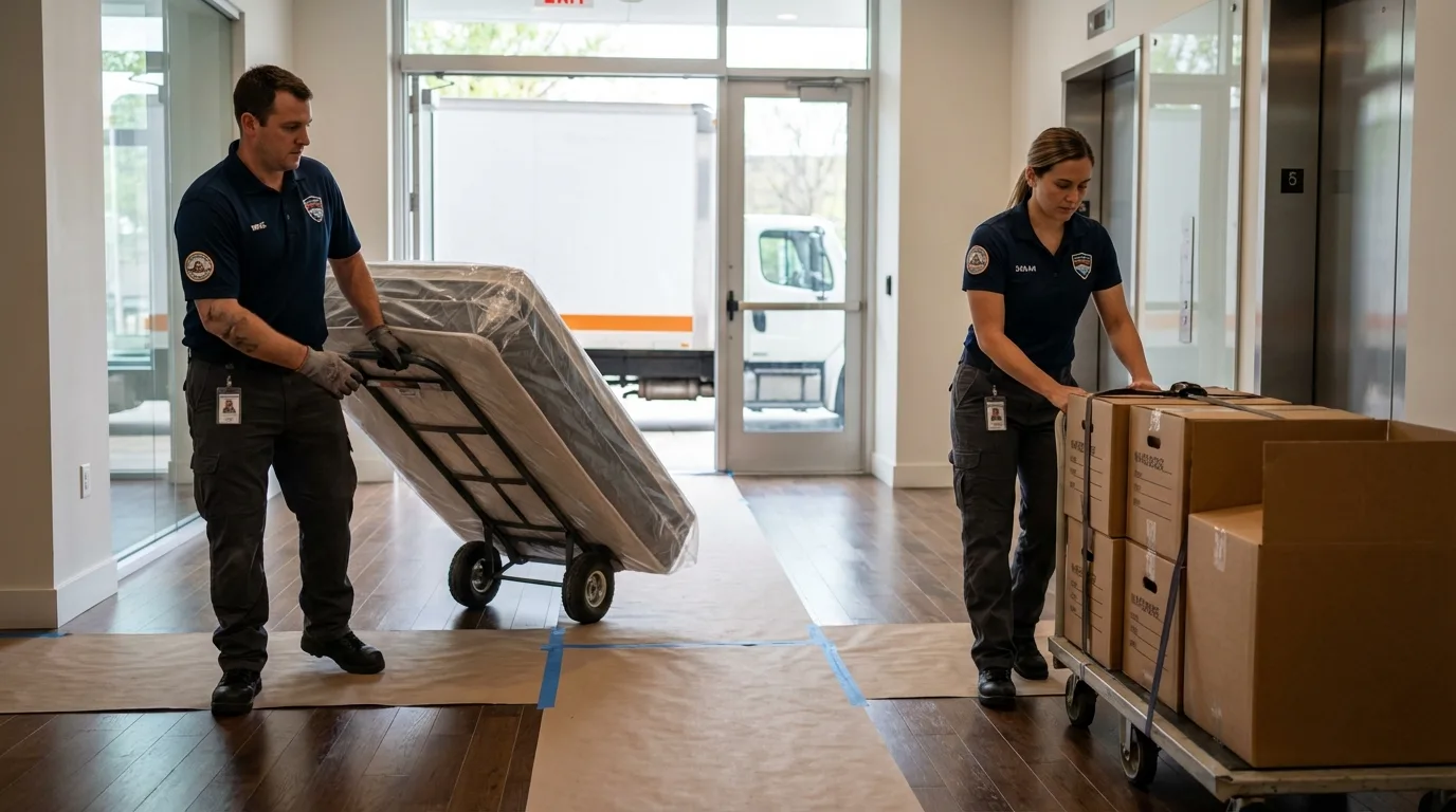 Professional apartment movers loading elevator in Shinnston, WV